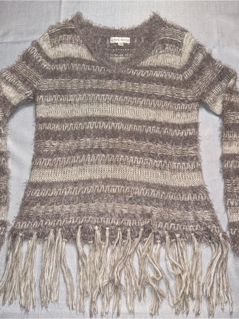 Knox Rose Women's Brown & Cream Striped Fringe Sweater XS